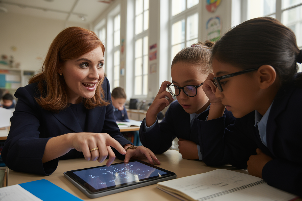 Une enseignante souriante explique un concept à trois élèves, tous concentrés sur une tablette, en classe, entourés de matériel scolaire.