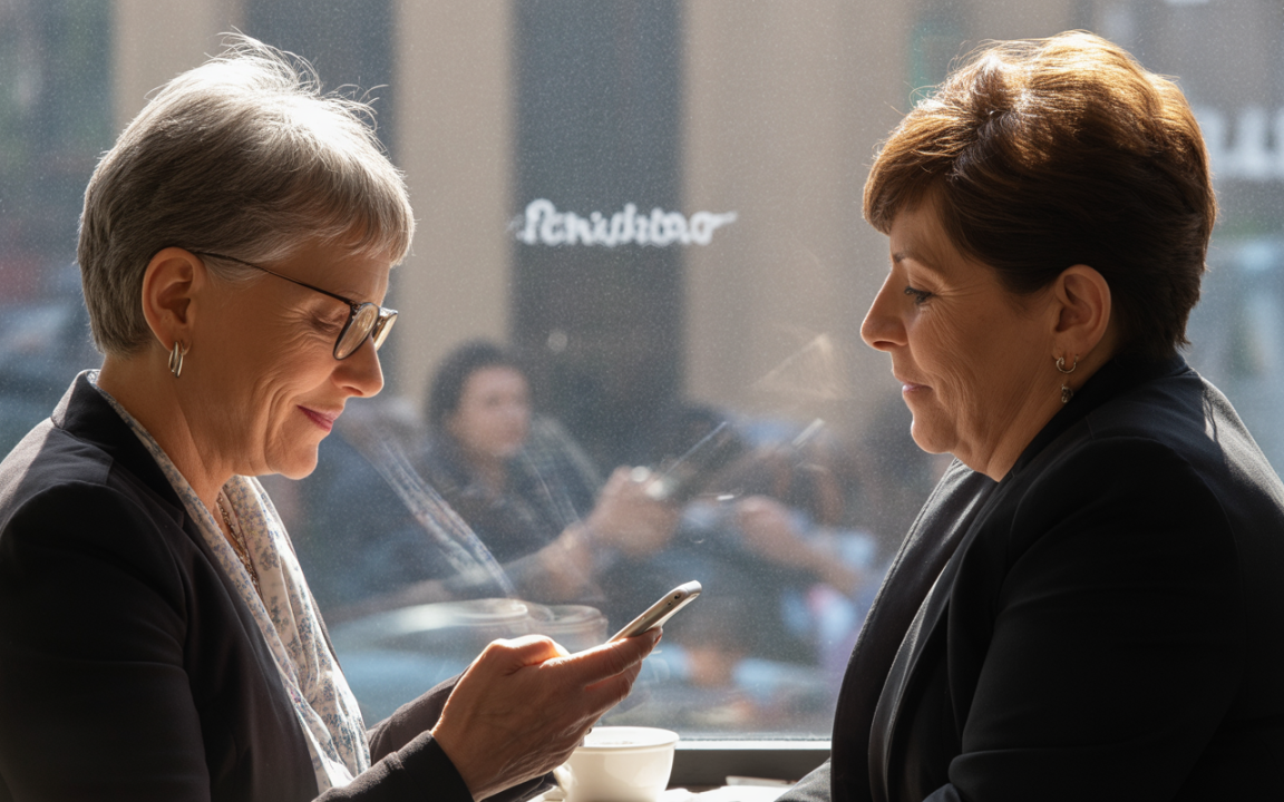 Deux femmes discutent dans un café, l'une regarde son téléphone et l'autre sourit, ensoleillées par la lumière du jour.