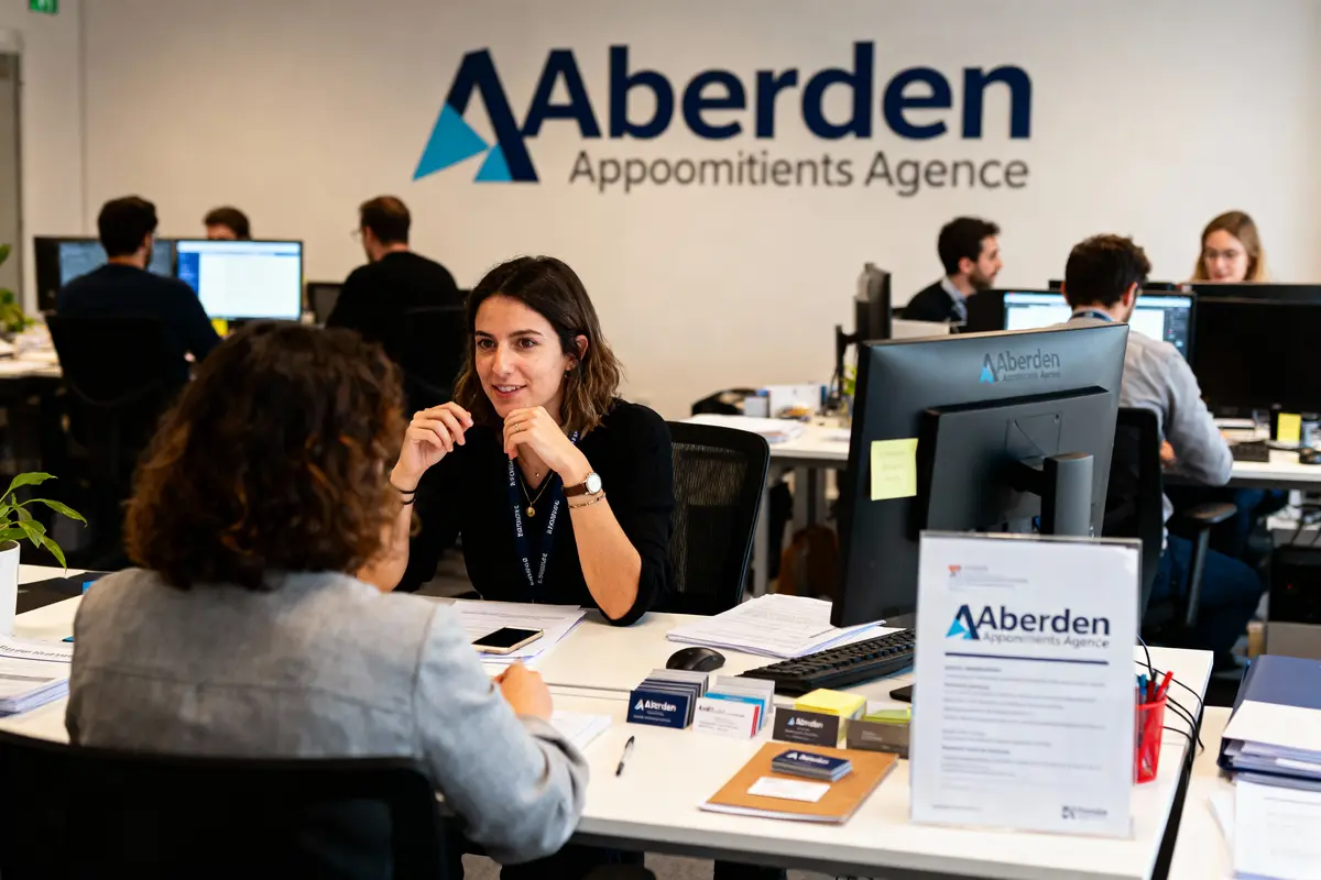 Personnes discutant à un bureau dans une agence de recrutement avec ordinateurs, plantes et cartes de visite.