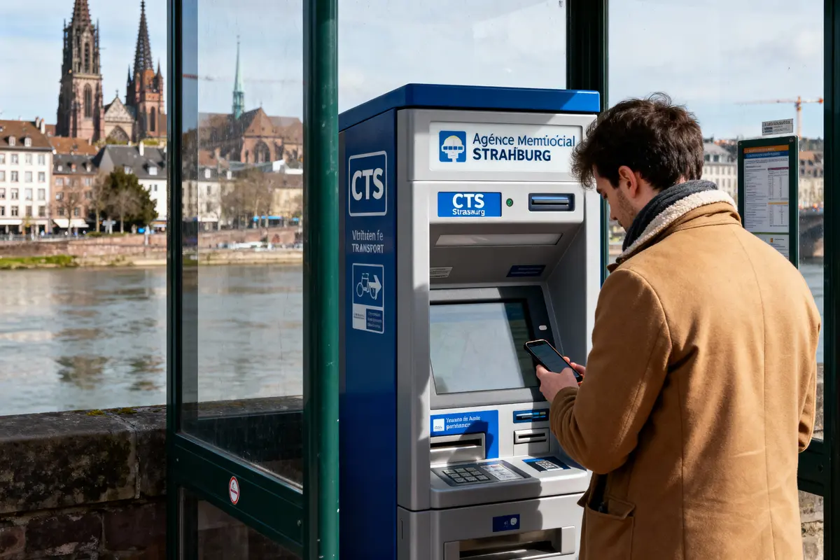 Homme utilisant un distributeur de billets à Strasbourg, avec des bâtiments et une rivière en arrière-plan.