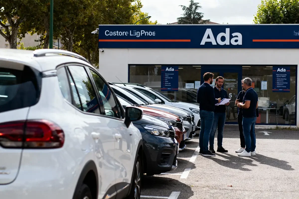 Groupe d'hommes discutant devant une agence Ada, avec plusieurs voitures garées en ligne droite.