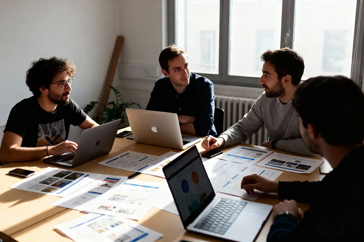 Quatre personnes discutent autour d'une table avec ordinateurs portables et documents, éclairage naturel par fenêtre.