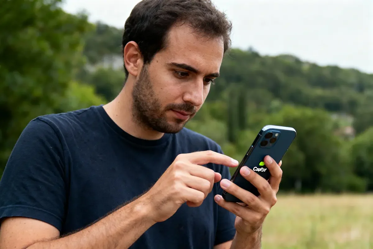 Homme utilisant un smartphone noir avec logo CapCut dans un cadre naturel, portant un t-shirt bleu marine.