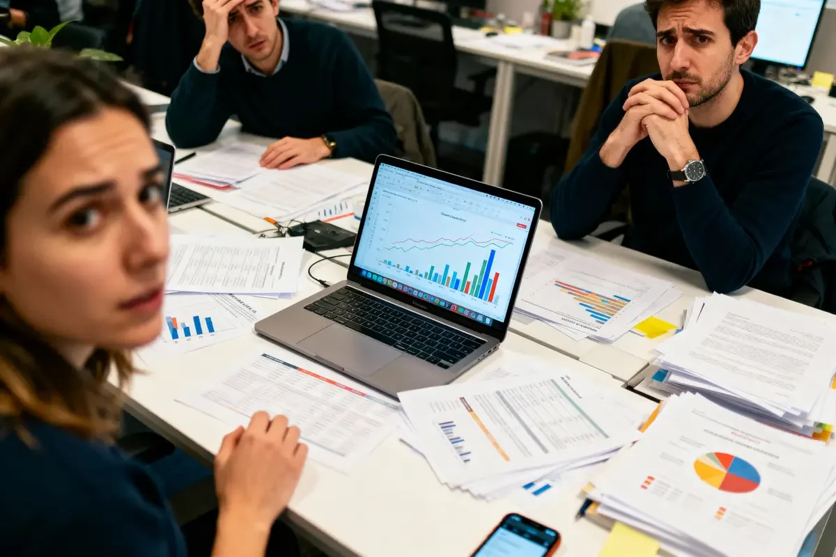 Trois personnes préoccupées autour de documents et graphiques sur ordinateur portable, table de bureau encombrée.