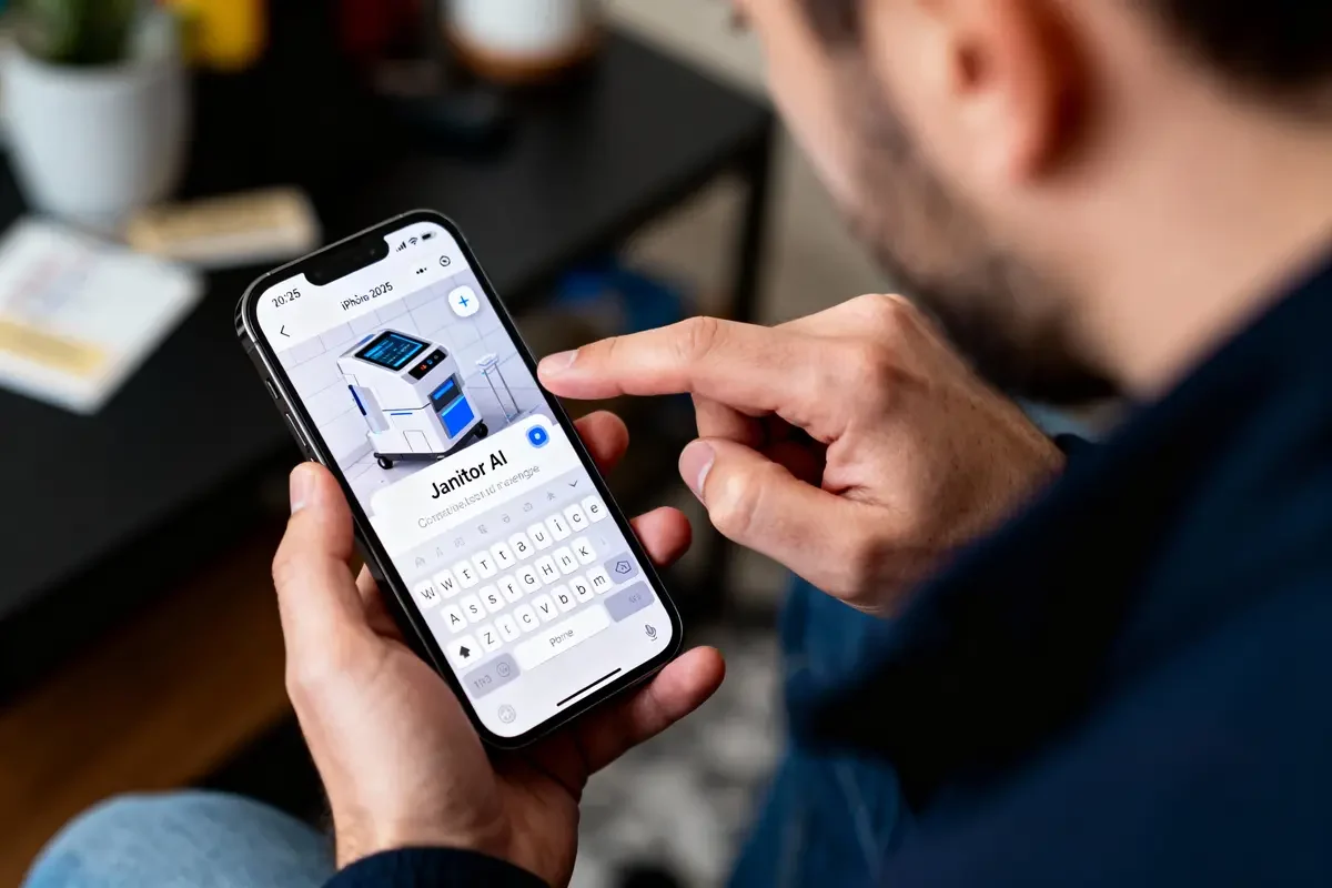 Utilisateur interagissant avec application "Janitor AI" sur smartphone, interface de chat affichée. Contexte intérieur flou.