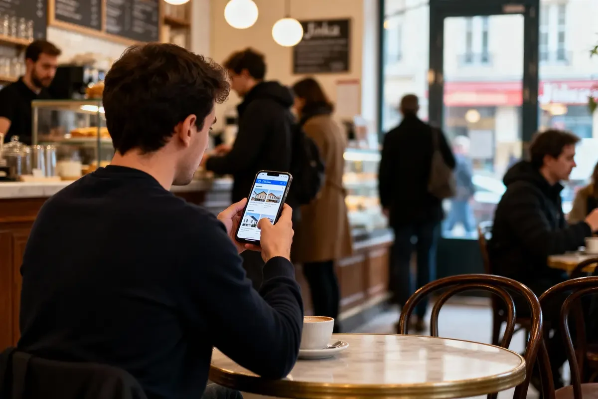 Homme utilisant un smartphone dans un café animé, assis à une table avec une tasse de café.