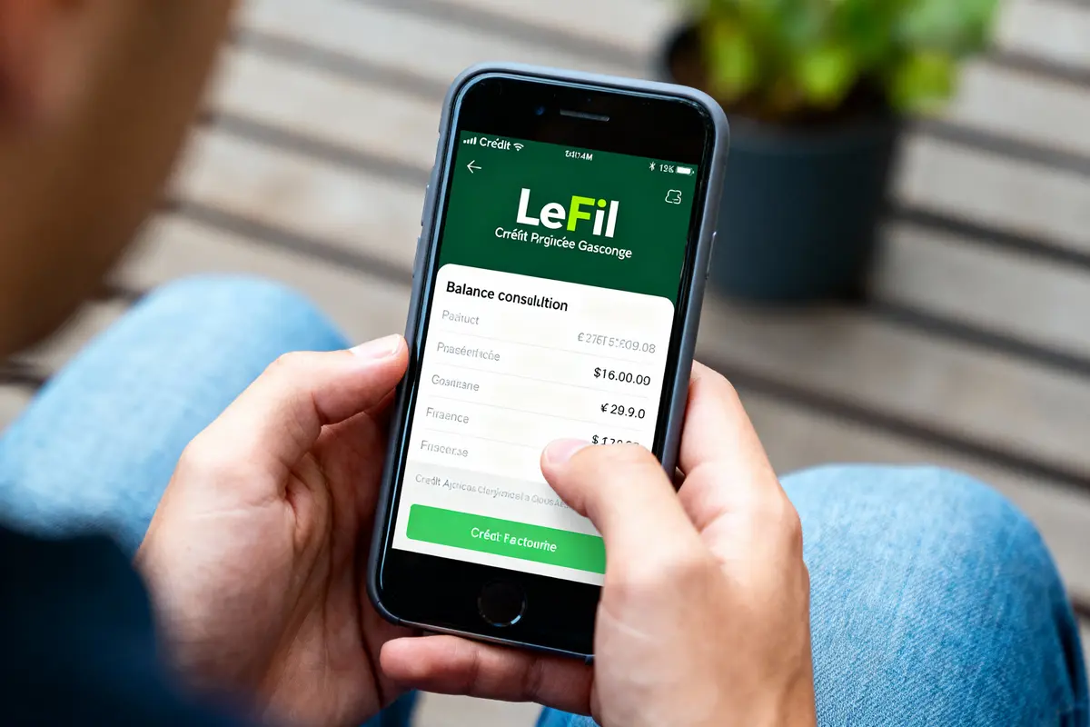 Personne utilisant une application bancaire "LeFil" sur smartphone pour consulter le solde et les transactions financières.