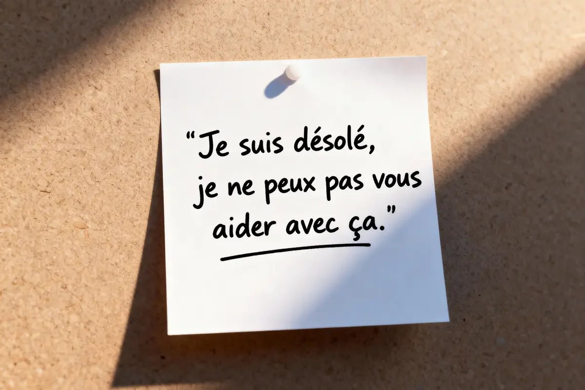 Note sur tableau liège, texte : "Je suis désolé, je ne peux pas vous aider avec ça."