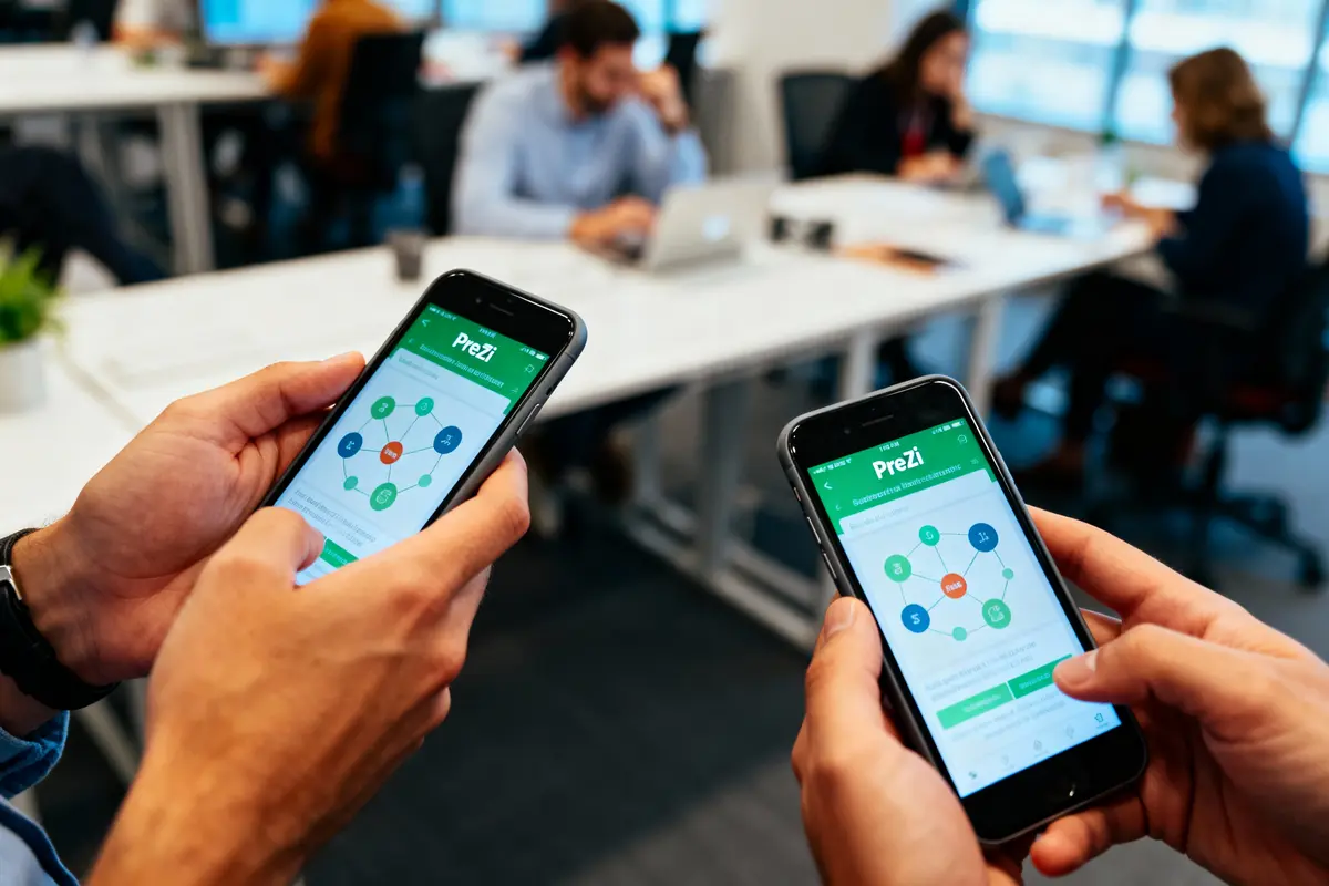 Deux personnes utilisant Prezi sur smartphones, bureau en arrière-plan avec personnes travaillant sur ordinateurs.