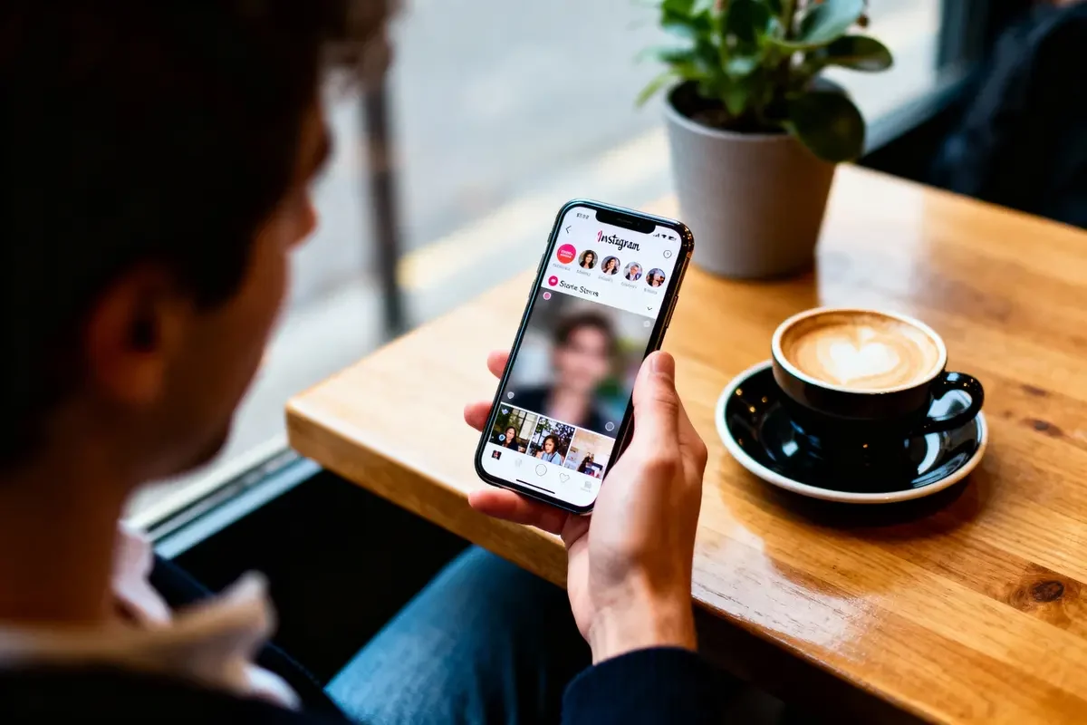 Personne tenant un smartphone affichant Instagram, assise devant un latte art et une plante en pot.