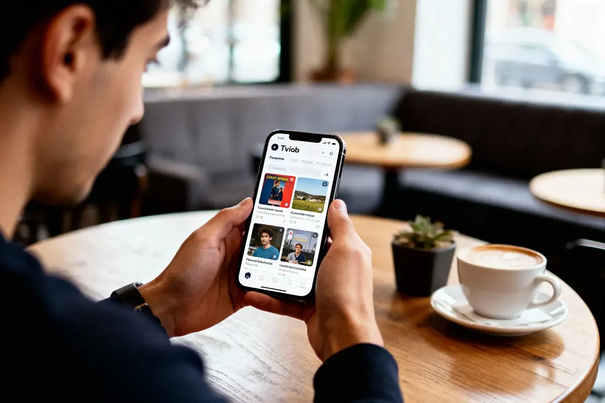 Homme tenant smartphone affichant application, assis à une table avec cappuccino et plante, intérieur de café.