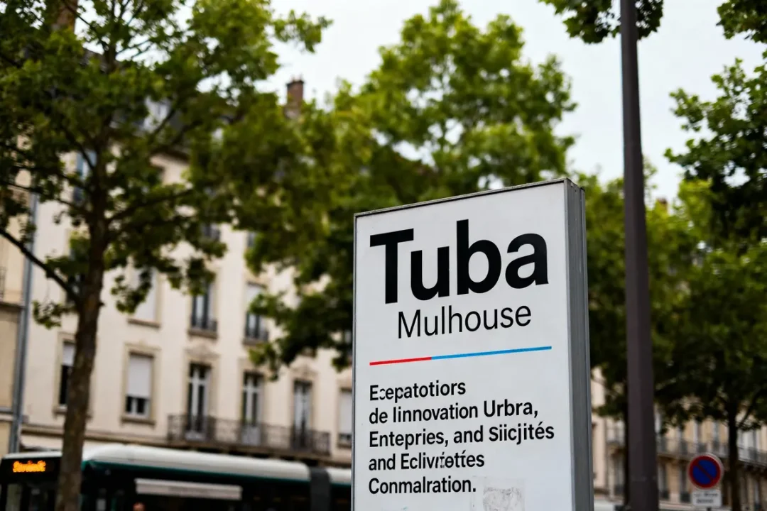 Panneau "Tuba Mulhouse" avec texte flou, arbres, bâtiments en arrière-plan. Atmosphère urbaine.