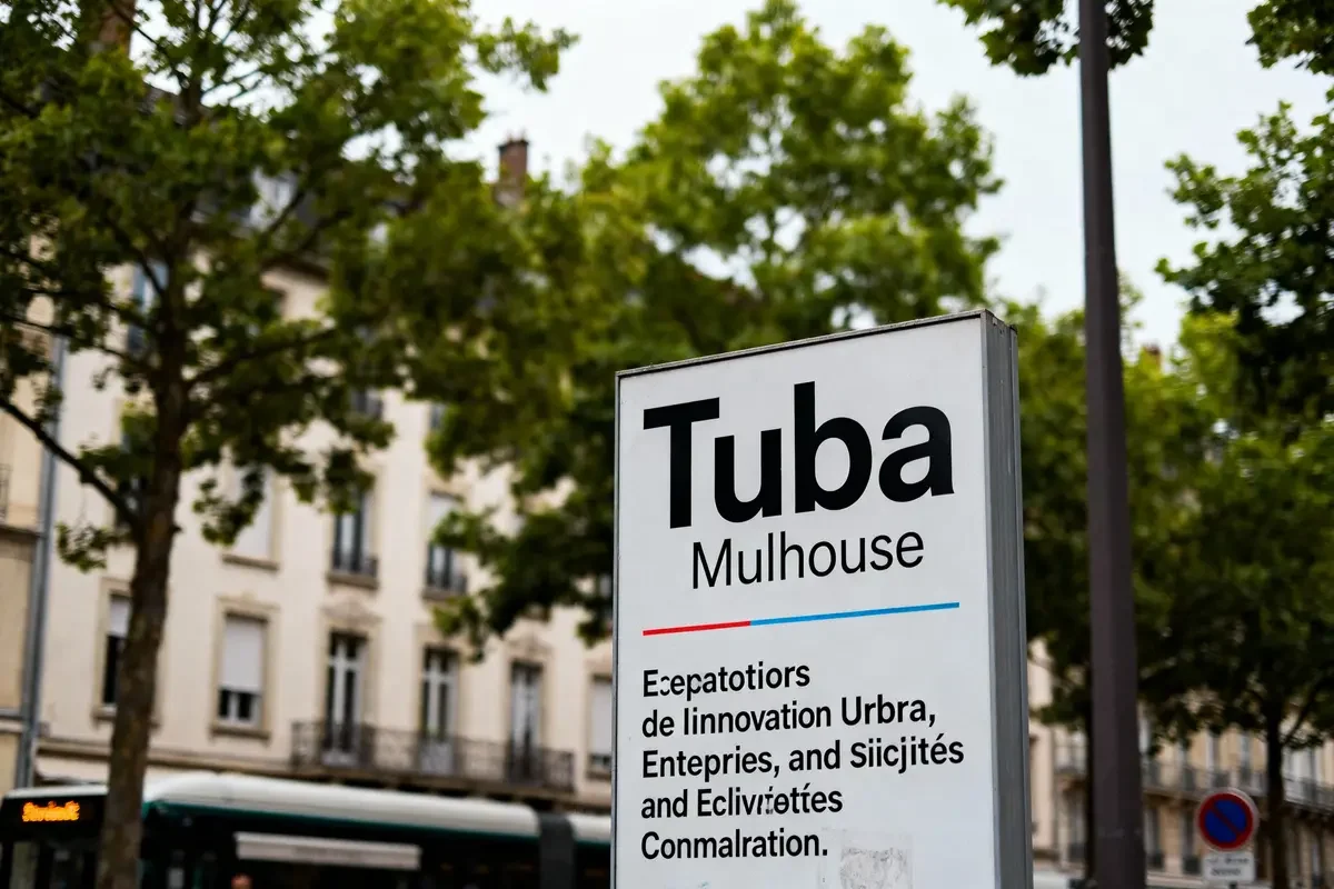 Panneau "Tuba Mulhouse" avec texte flou, arbres, bâtiments en arrière-plan. Atmosphère urbaine.