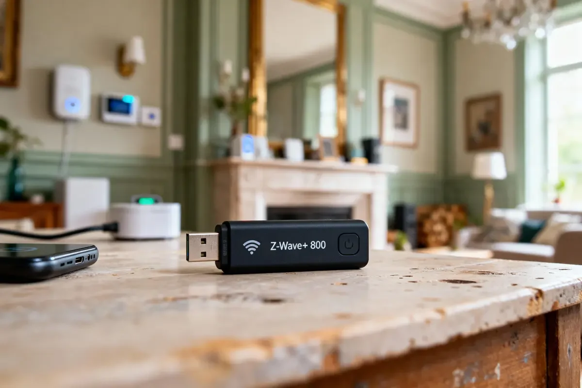 Clé USB Z-Wave+ 800 sur table, intérieur salon élégant, cheminée et décor en arrière-plan flou.