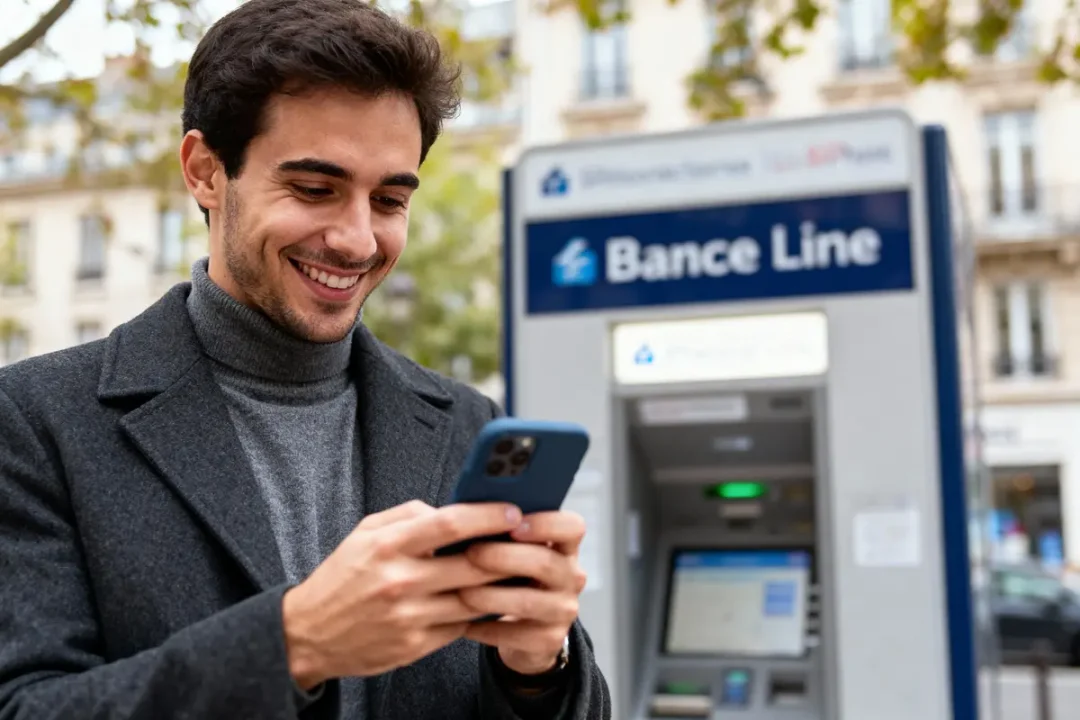 Un homme souriant utilise son smartphone devant un distributeur automatique de billets, extérieur flou en arrière-plan.