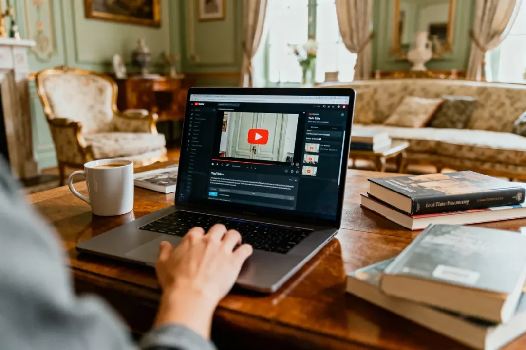 Personne sur ordinateur portable regardant YouTube dans un salon élégant, tasse de café et livres sur la table.
