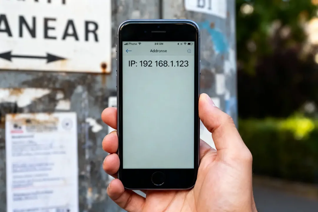 Smartphone affichant une adresse IP sur un écran blanc, tenu par une main, arrière-plan flou urbain.