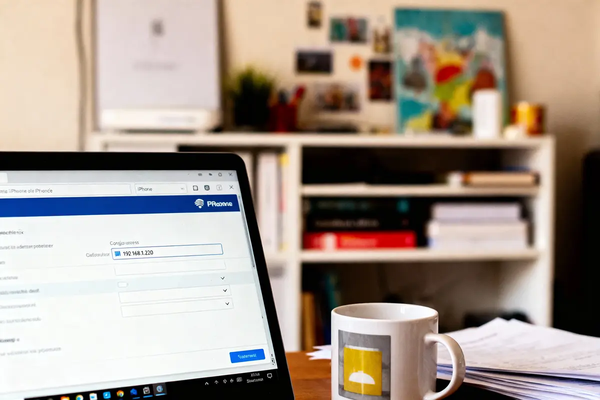 Ordinateur portable avec écran affichant une interface réseau, tasse de café, bureau avec étagère en arrière-plan.