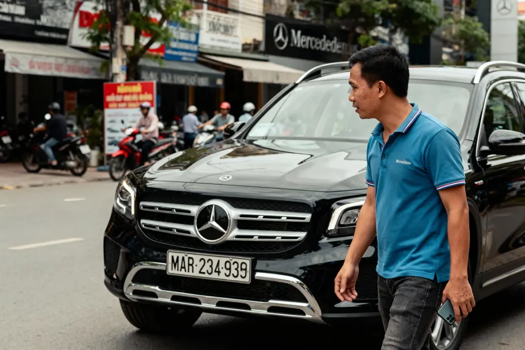 Homme marchant devant un SUV Mercedes noir, rue animée avec véhicules en arrière-plan.