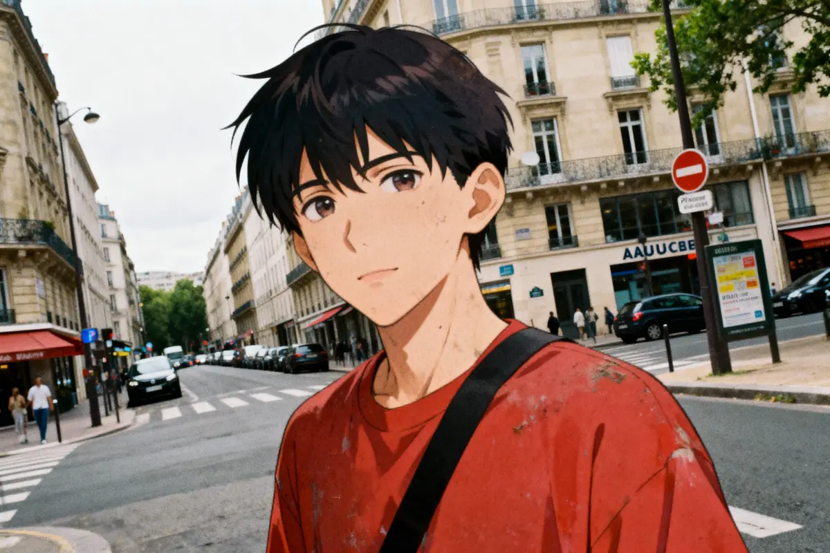 Un personnage d'anime avec cheveux noirs, porte un t-shirt rouge, dans une rue urbaine animée.