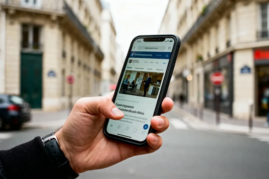 Main tenant un smartphone affichant un site web, rue bordée de bâtiments parisiens en arrière-plan.