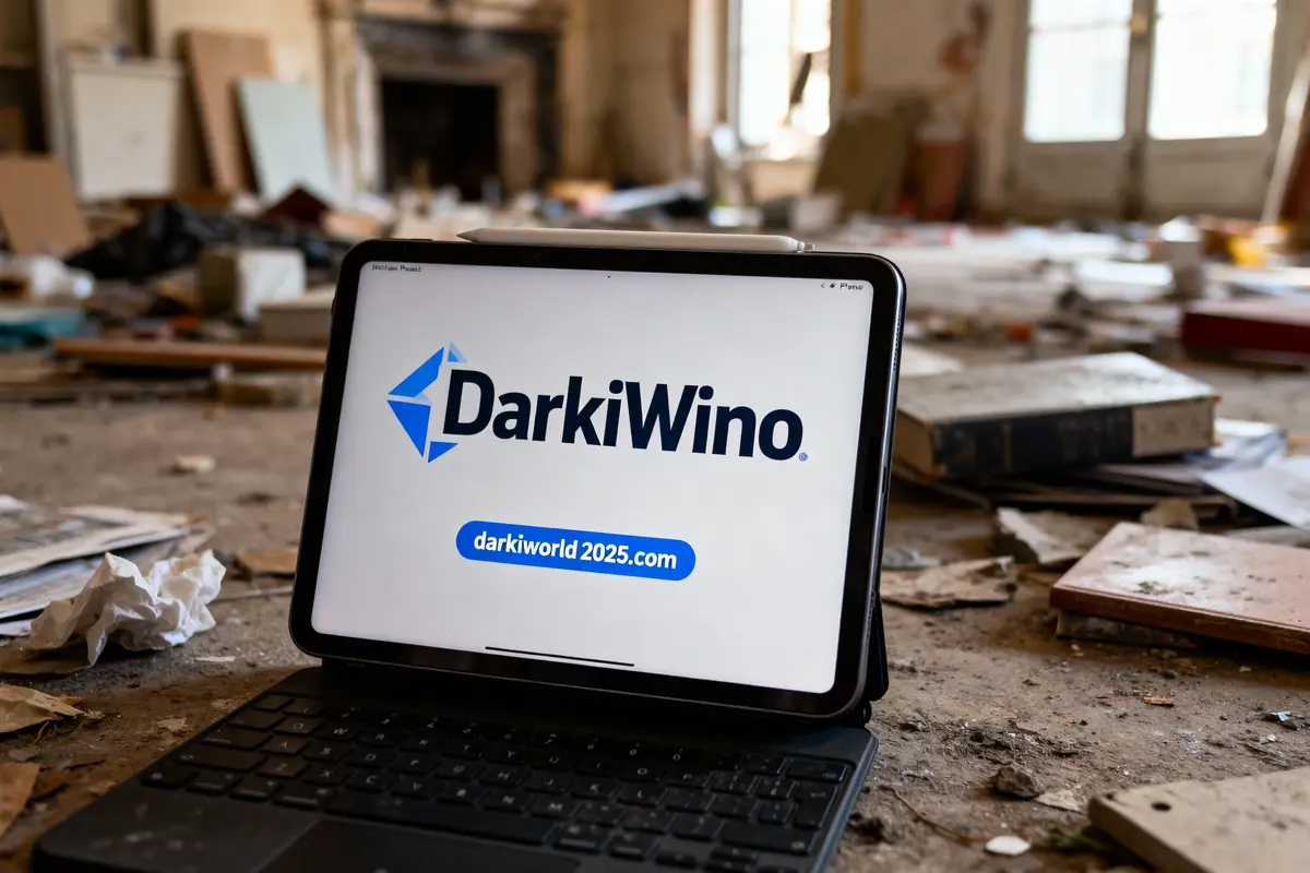 Tablette affichant "DarkiWino" avec clavier, posée sur sol encombré de livres et papiers.