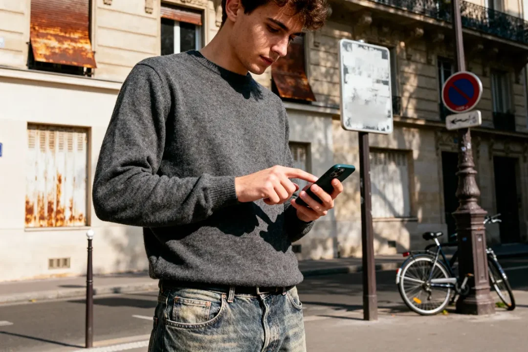 Homme avec pull gris utilisant un smartphone dans la rue, enseigne et vélo à l'arrière-plan.