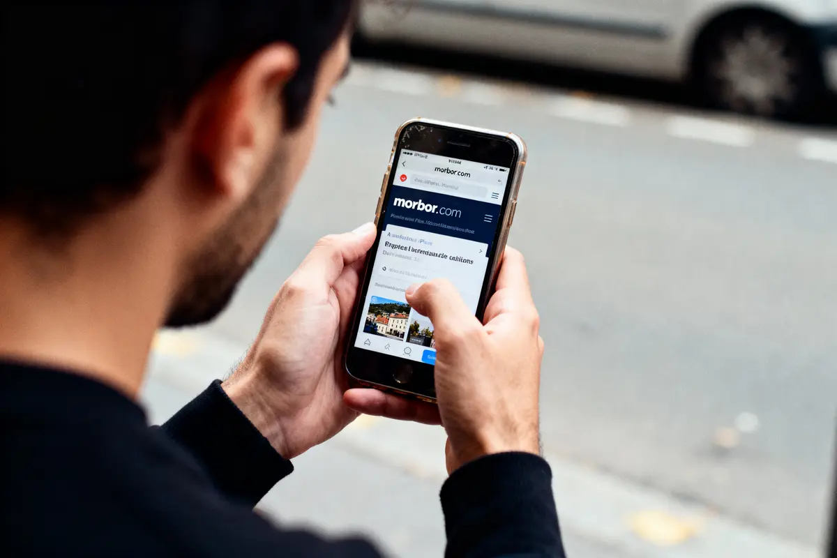 Homme consultant site Morbor sur smartphone, debout près d'une route avec voitures en arrière-plan.