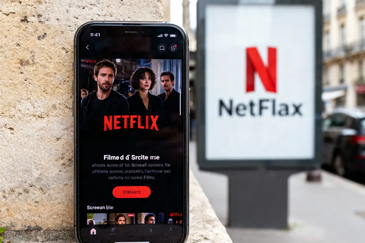 Téléphone avec application Netflix affichée, panneau publicitaire "NetFlax" flou en arrière-plan urbain.