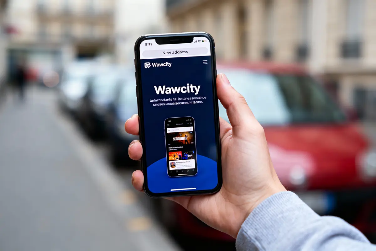 Main tenant un smartphone affichant l'application Wawcity, flou des voitures en arrière-plan.