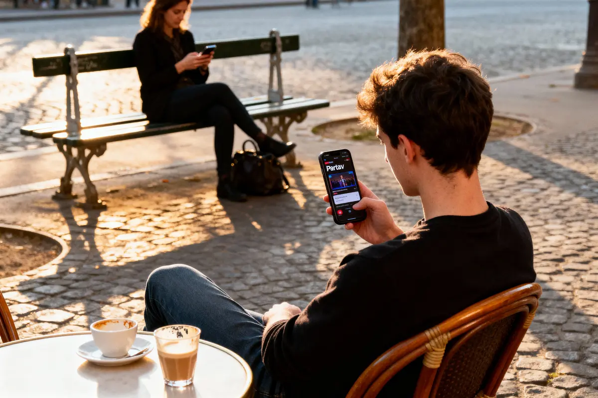 Deux personnes sur smartphones, terrasse de café ensoleillée, boissons sur table, atmosphère détendue.