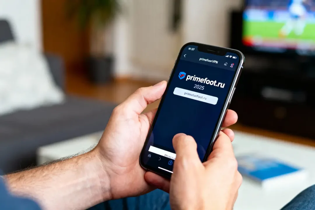 Homme utilisant un smartphone avec écran affichant "primefoot.ru 2025". Télévision floue en arrière-plan.