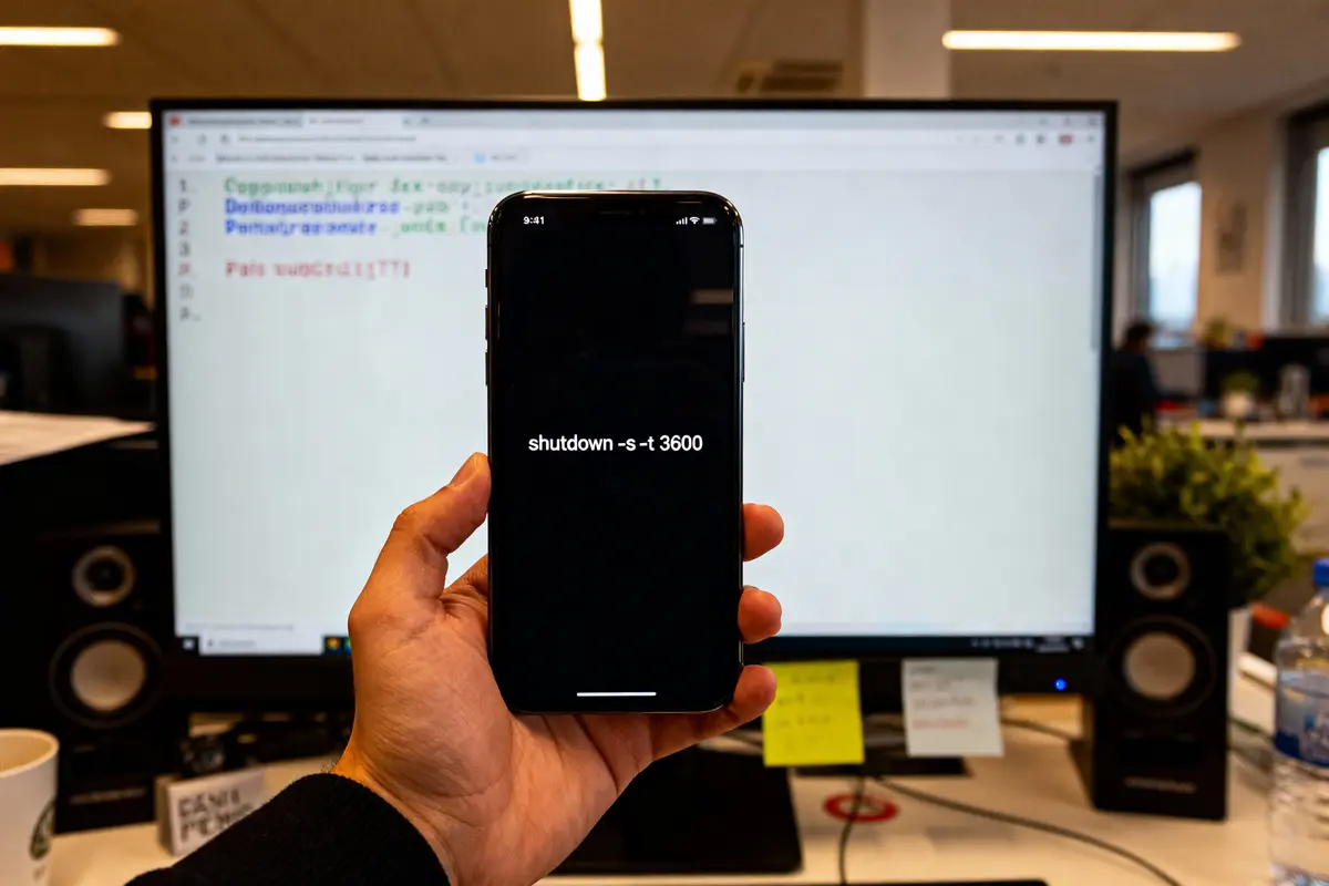 Personne tenant un smartphone affichant commande "shutdown" devant un écran d'ordinateur avec du code.