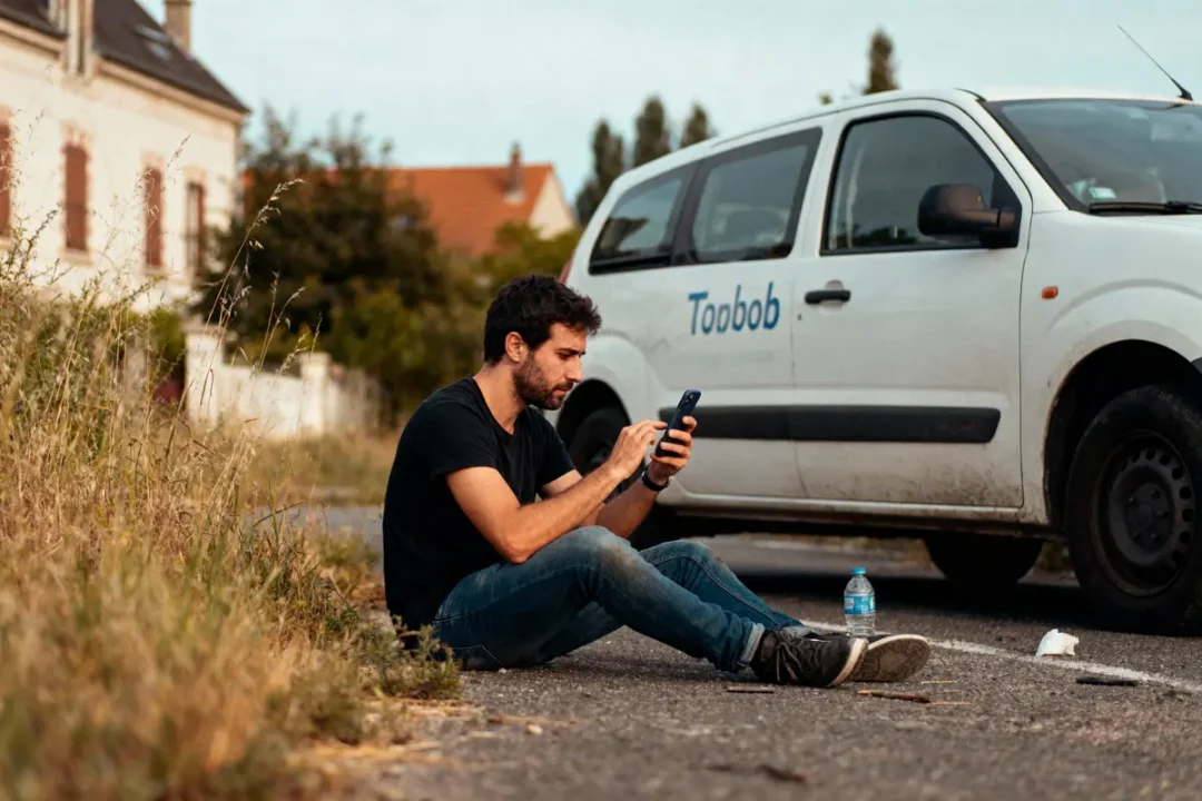 Homme assis par terre près d'une camionnette, utilisant téléphone portable, bouteille d'eau à côté.