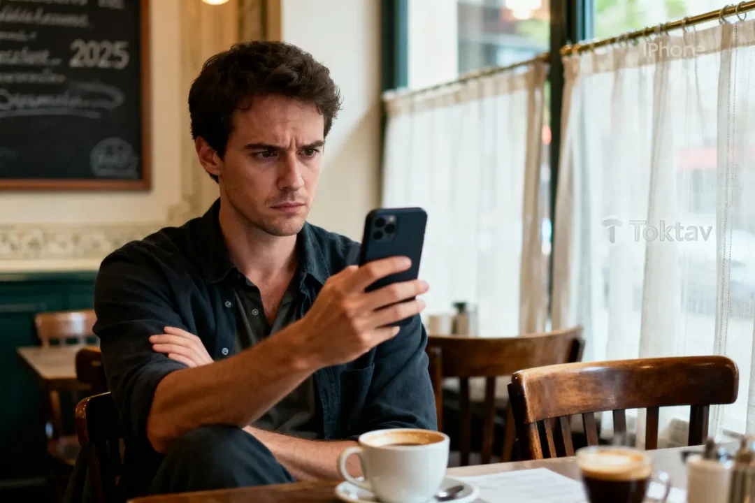 Homme concentré utilisant un smartphone, assis dans un café avec tasses de café sur table en bois.