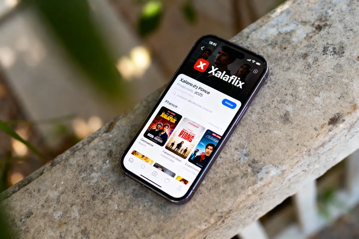 Smartphone affichant l'application de streaming "Xalaflix" sur un rebord en pierre, en extérieur.