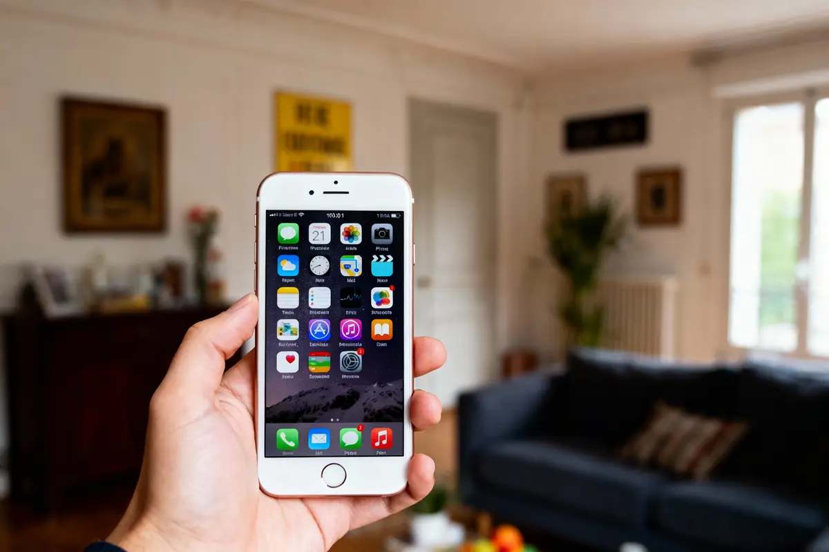 Personne tenant un smartphone dans un salon lumineux et meublé avec canapé et cadre.