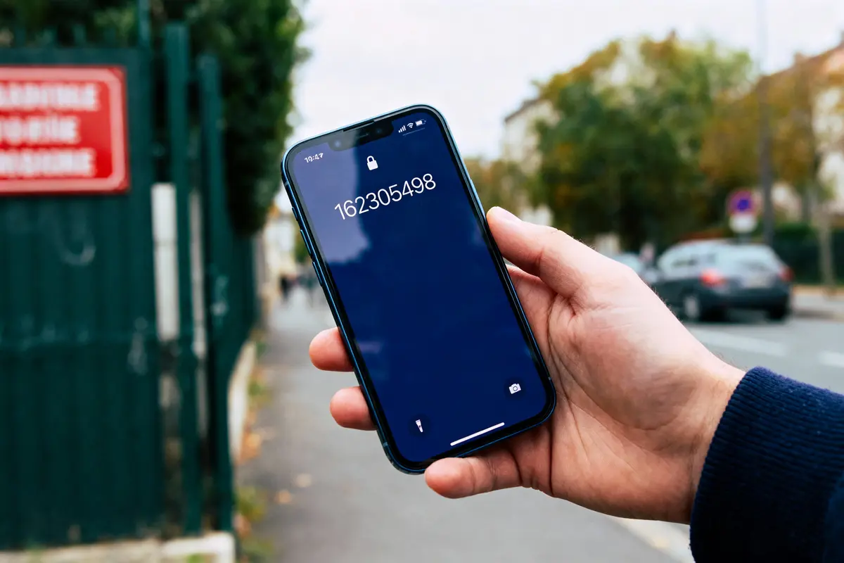 Personne tenant un smartphone, écran verrouillé affichant le numéro 162305498, à l'extérieur, rue en arrière-plan.