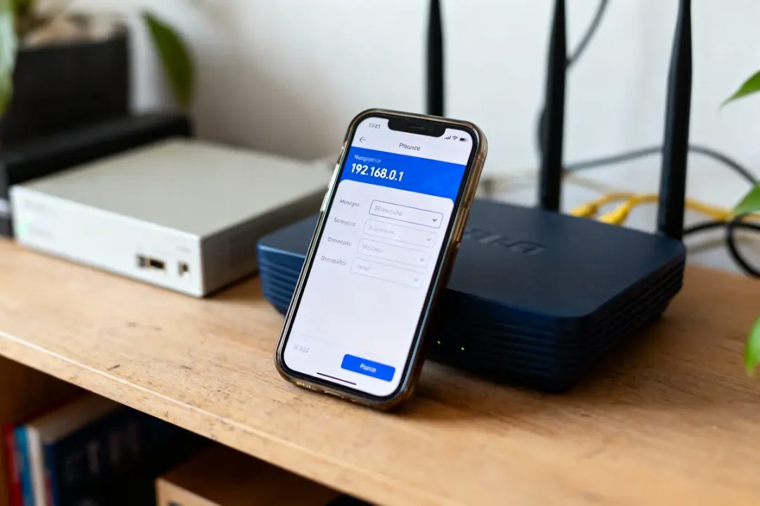 Smartphone affichant l'interface de configuration sur un routeur Wi-Fi, avec d'autres appareils en arrière-plan.