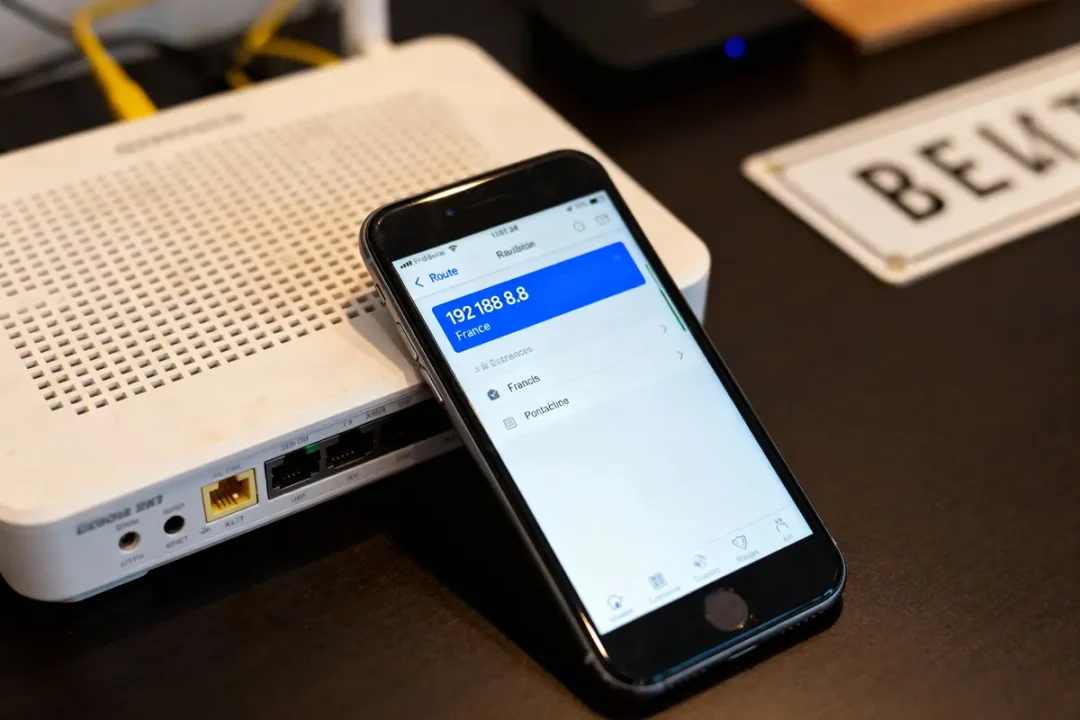 Smartphone affichant l'adresse IP 192.188.8.8 près d'un routeur blanc sur un bureau sombre.