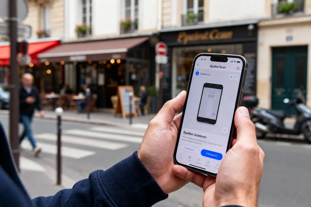 Personne utilisant une application de scan sur smartphone devant un café urbain, passage piéton à proximité.