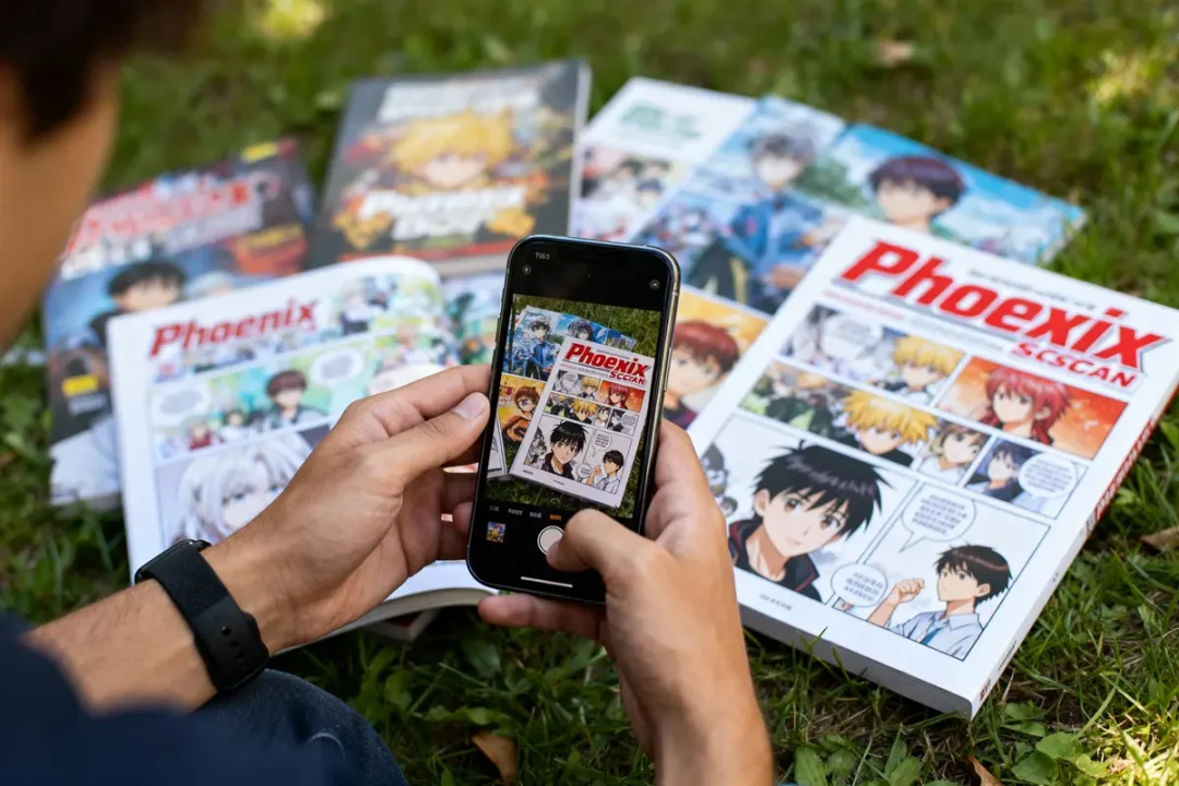 Personne lisant manga "Phoenix" sur smartphone, livres de manga posés sur l'herbe autour.