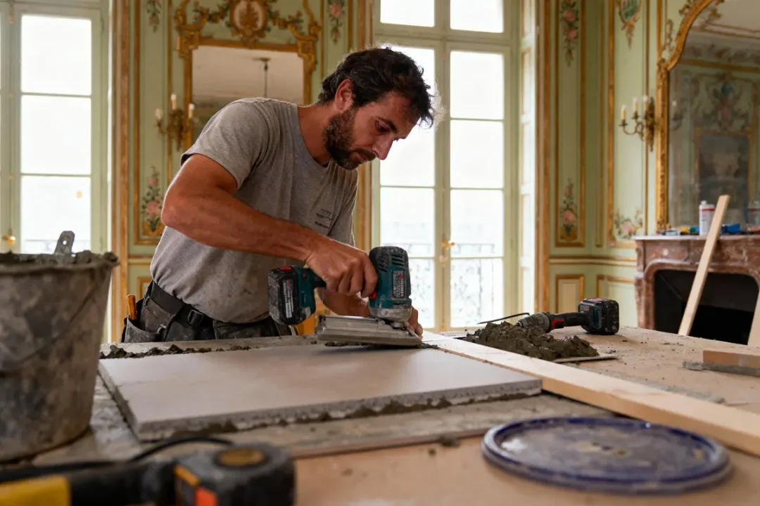 Un homme travaille le bois dans un intérieur élégant, utilisant une perceuse électrique et des outils.