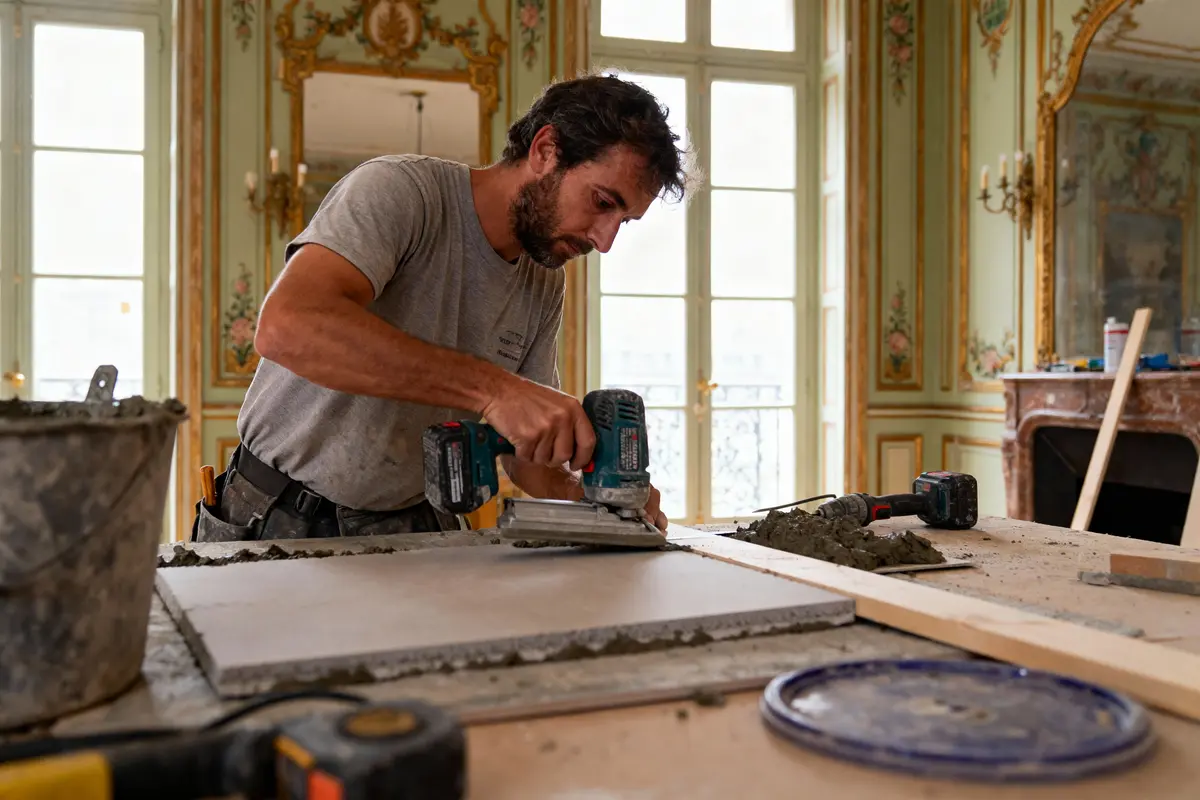 Un homme travaille le bois dans un intérieur élégant, utilisant une perceuse électrique et des outils.