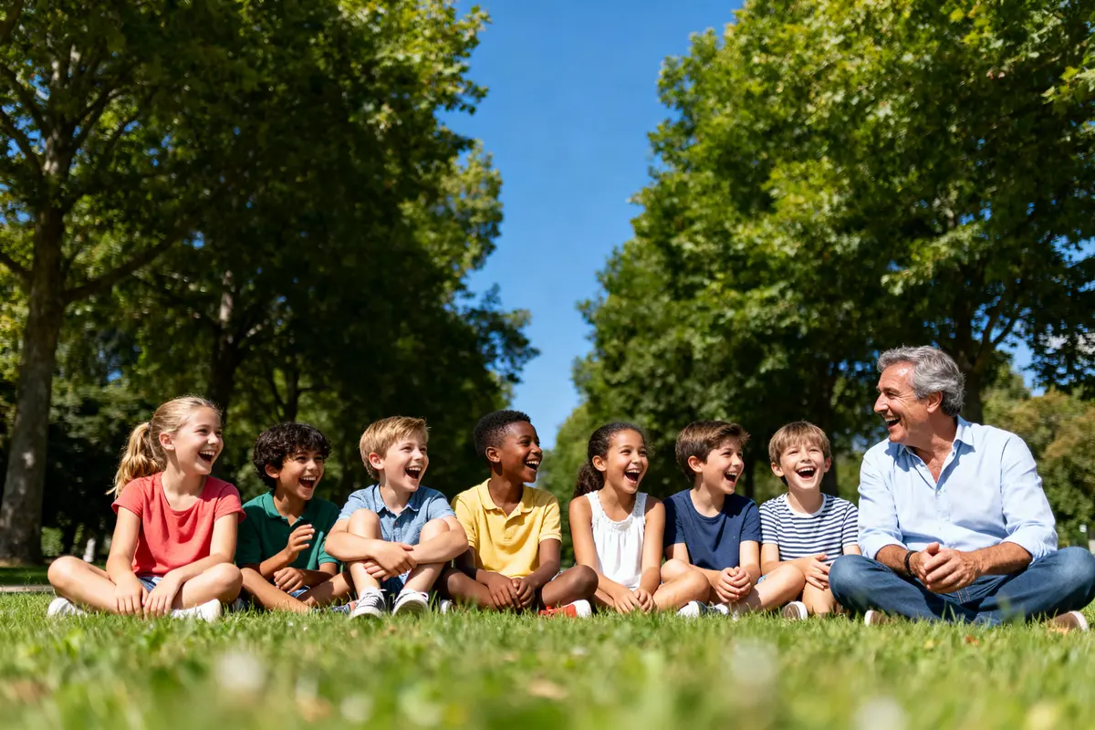 Groupe d'enfants et homme riant assis sur l'herbe, journée ensoleillée, arbres en arrière-plan.