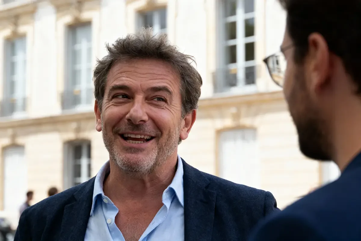Deux hommes discutant en souriant devant un bâtiment historique aux fenêtres blanches.