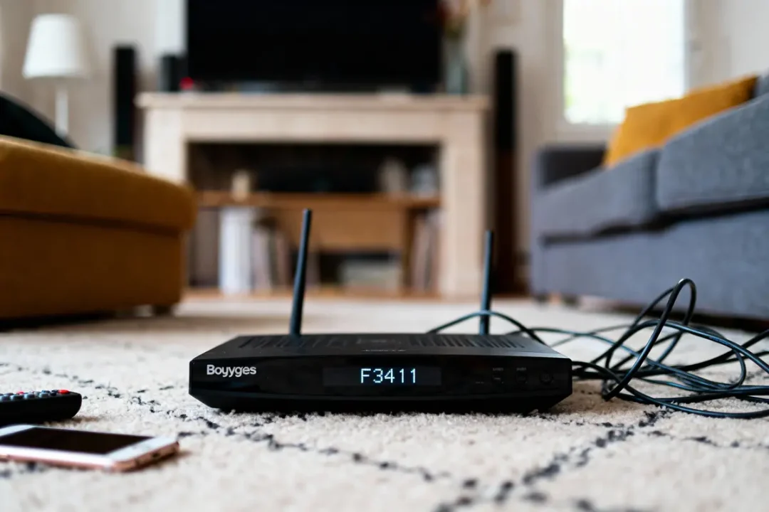 Box Internet Bouygues sur tapis, avec câbles, smartphone et télécommande, dans un salon moderne et lumineux.