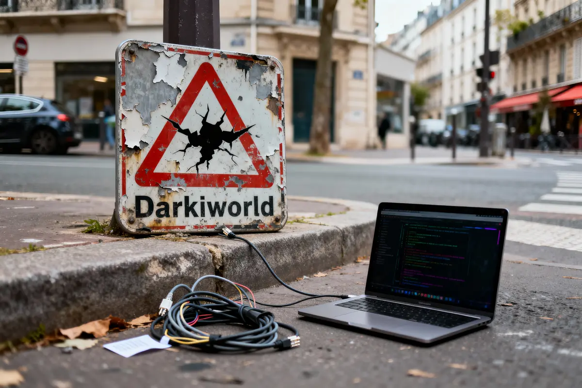 Panneau usé "Darkiworld" près d'un ordinateur portable et câbles sur le trottoir parisien.