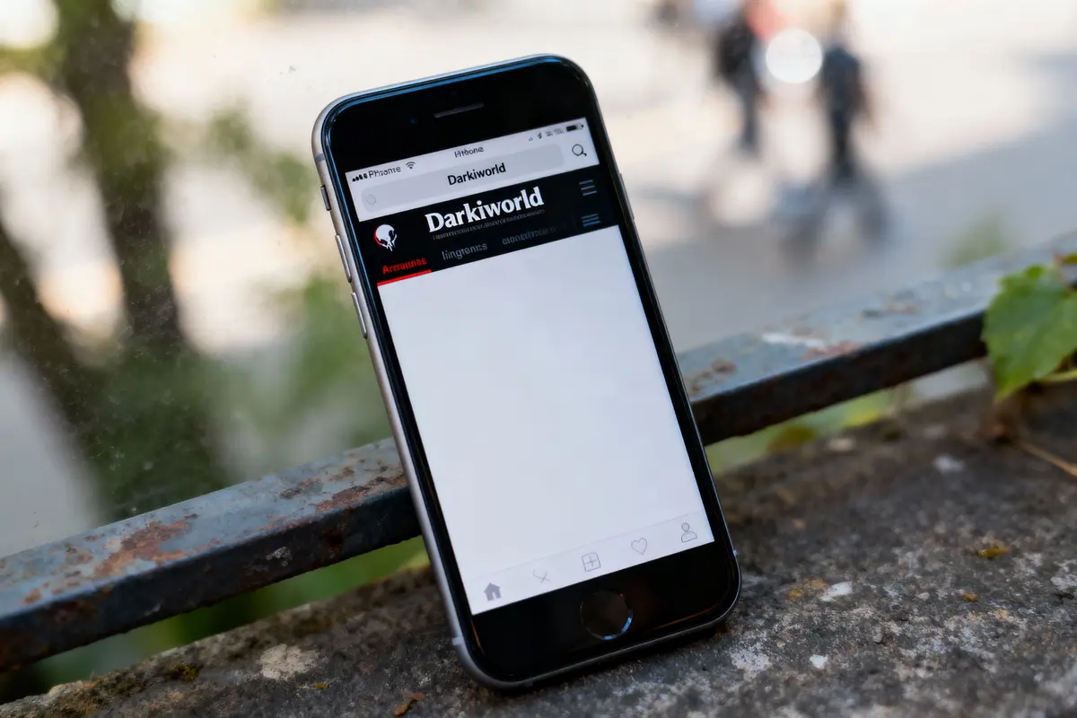 Smartphone affichant un site web nommé "DarkiWorld" sur un fond extérieur flou, avec une rampe en métal.