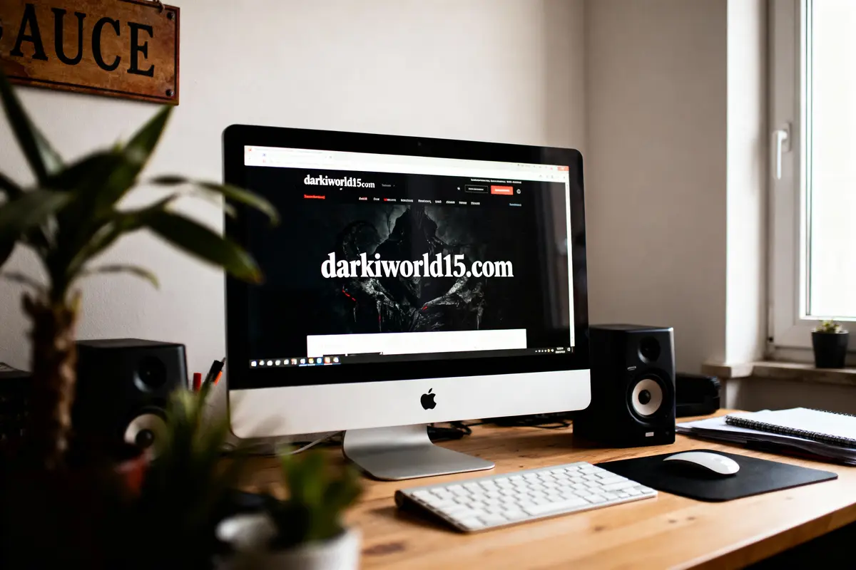Ordinateur de bureau avec écran affichant "darkiworld15.com", clavier sans fil, plante et fenêtre en arrière-plan.